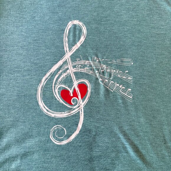 Music Themed Size XL Teal Graphic Tee Treble Clef Heart Design Casual Fun Singer - Picture 3 of 6